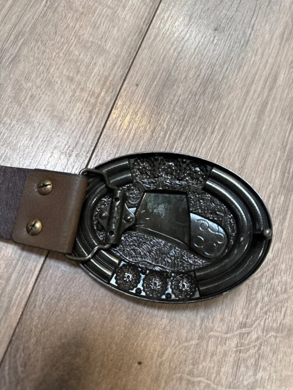 Western Leather Belt Decorative Cowboy Hat Buckle Tooled Pattern 42 Inches Brown